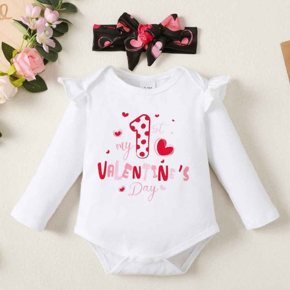 BABY GIRL GRAPHIC RUFFLED BODYSUIT AND HEART PRINT FLARE PANTS SET - Picture 6 of 9